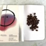 High-quality coffee beans on a dotted notebook page, with colourful abstract art on a paper bag from Instinct Roastery; perfect for coffee lovers and specialty coffee enthusiasts.