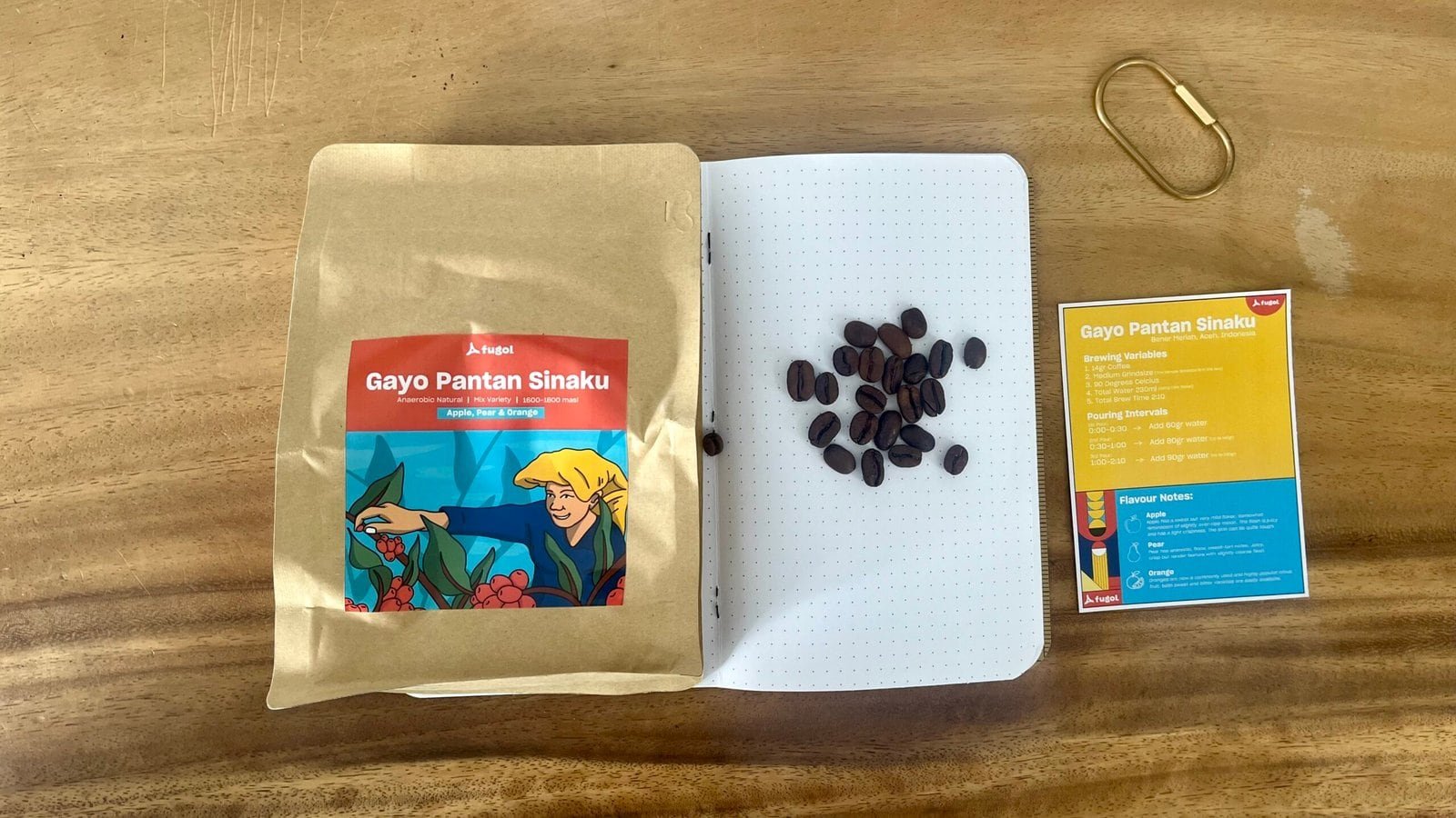 Coffee beans, Gayo Pantan Sinaku, Indonesian single origin coffee, brewing variables card, and packaging on a wooden table.