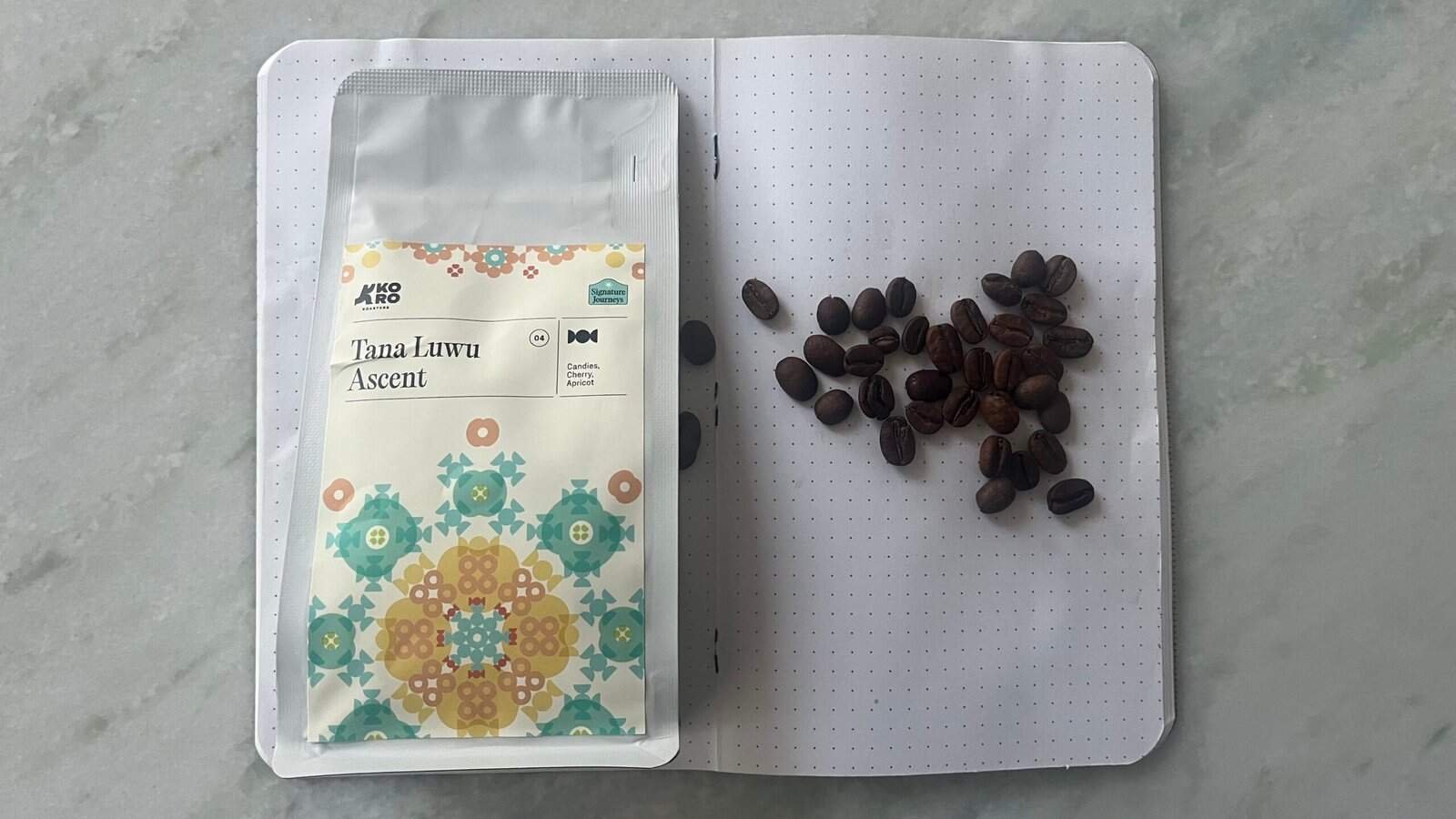 Vegan coffee tasting kit featuring coffee beans, packaging from KOKO, and a notebook with coffee grounds on a grey surface. Perfect for artisanal coffee enthusiasts and sustainable coffee brands.