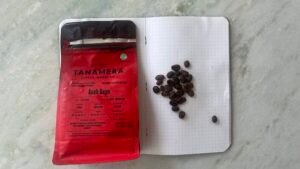Rich coffee beans from Aceh Gayo Indonesia with brewing notes on a notebook. Coffee lover’s guide to high-quality Arabica beans, featuring Tanamera Coffee Indonesia, showing freshly roasted coffee beans on a textured surface.